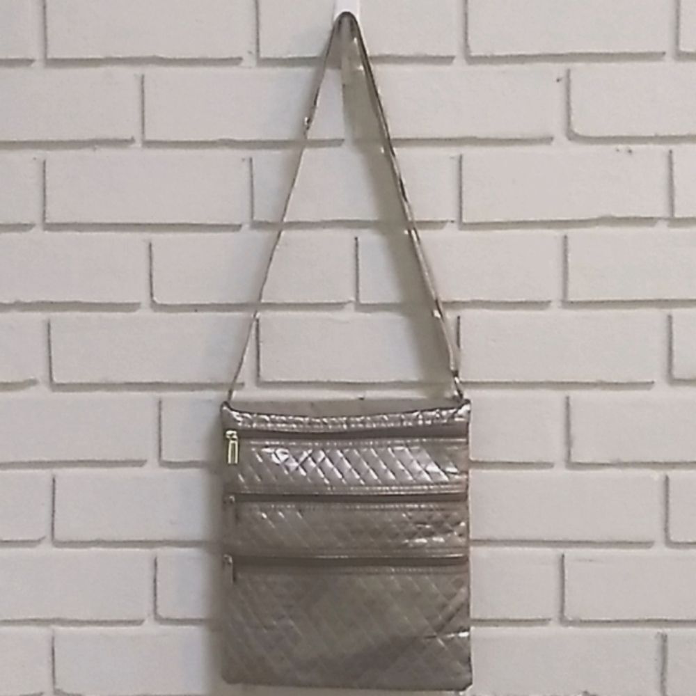 Bronze Quilted Foldover Crossbody Bag.